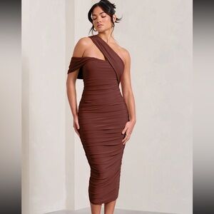 Club L London- Elegant Brown One-Shoulder Dress